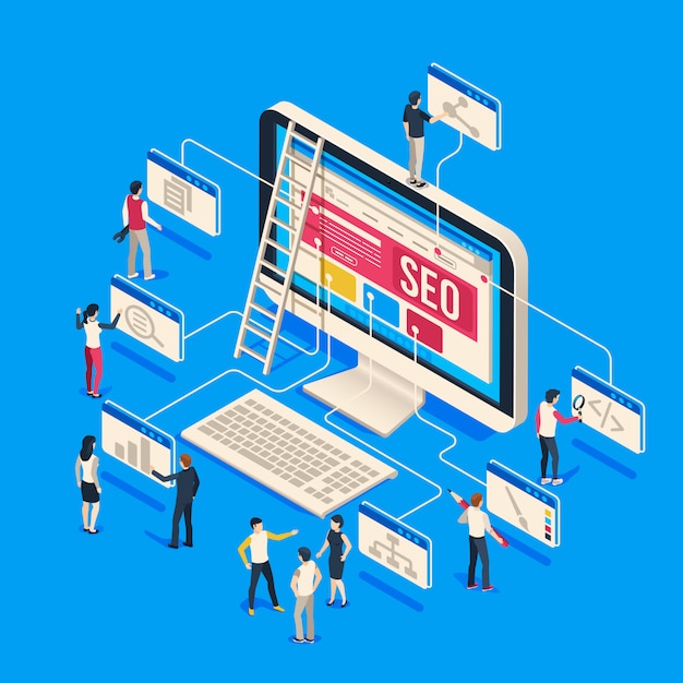 Isometrische seo-agentschap. creatieve mensen opstarten opstarten team creëren samen op computer. 3d seo Premium Vector