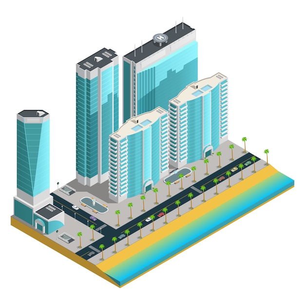 Isometrische stadssamenstelling met moderne wolkenkrabbers en vele tellende huizen op overzeese kust Gratis Vector