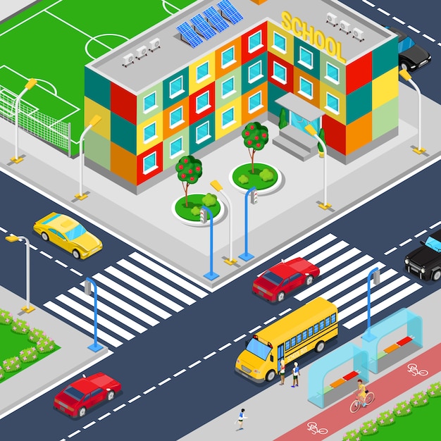 Isometrische stadsschool gebouw met voetbal speeltuin schoolbus en geleerden. Premium Vector
