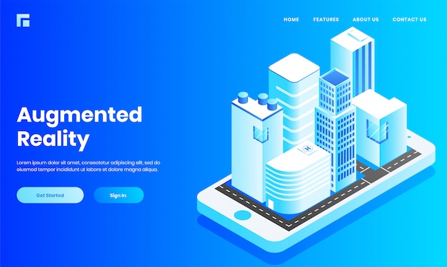 Isometrische weergave van bouw, thuis en ziekenhuis zoals als mobiele app in smartphone voor augmented reality-website of ontwerp van bestemmingspagina. Premium Vector