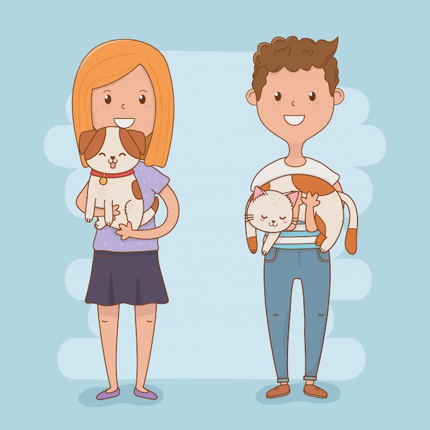 Jong koppel met schattige mascottes Premium Vector