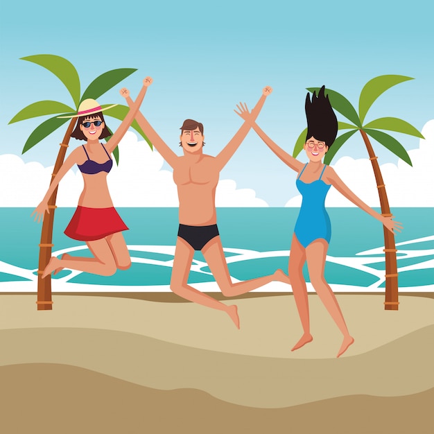 Jonge vrienden en zomercartoons Gratis Vector