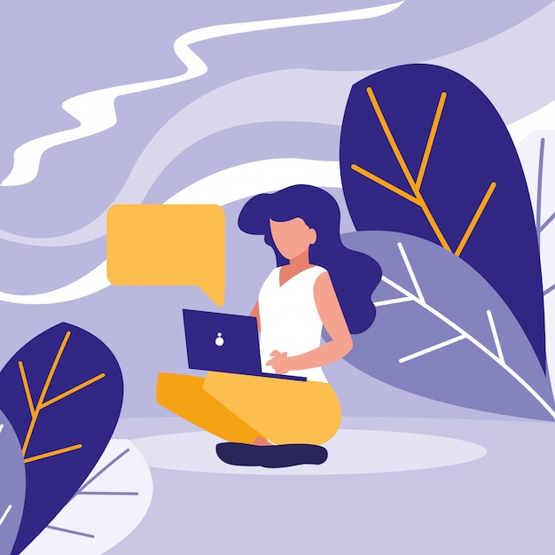 Jonge vrouw die laptop in het landschap met behulp van Premium Vector