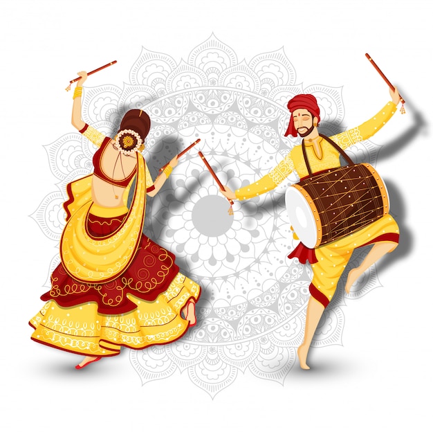 Jonge vrouw die met dandiya-dans en drummer danst Premium Vector
