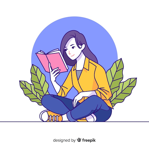 Jonge vrouwenlezing in koreaanse tekeningsstijl Gratis Vector
