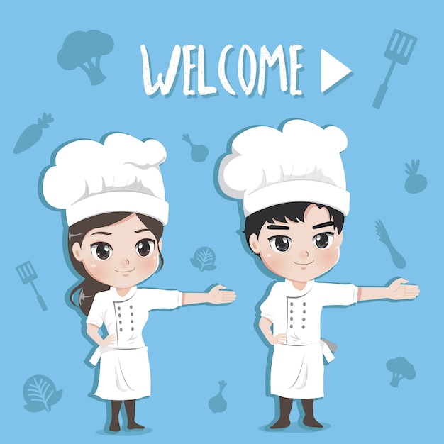 Jongen en meisje van chef-koks verwelkomen de klant met een gelukkige en tevreden uitdrukking, Premium Vector