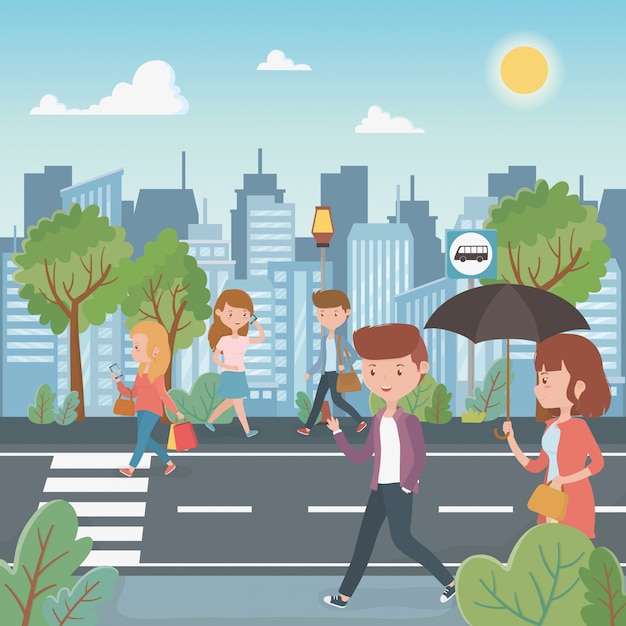 Jongeren die in de straatkarakters lopen Gratis Vector