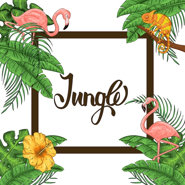 Jungle uitnodiging met flamingo, kameleon en palmbladeren Premium Vector