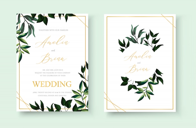 Kaart van de huwelijks bewaart de bloemen gouden uitnodiging het datumontwerp met de groene tropische kroon van bladkruiden en kader. botanische elegante decoratieve vector sjabloon aquarel stijl Gratis Vector