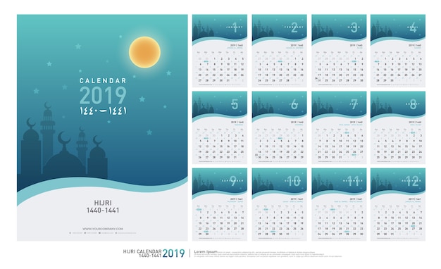 Kalender 2019 hijri 1440 tot 1441 islamitische sjabloon ...