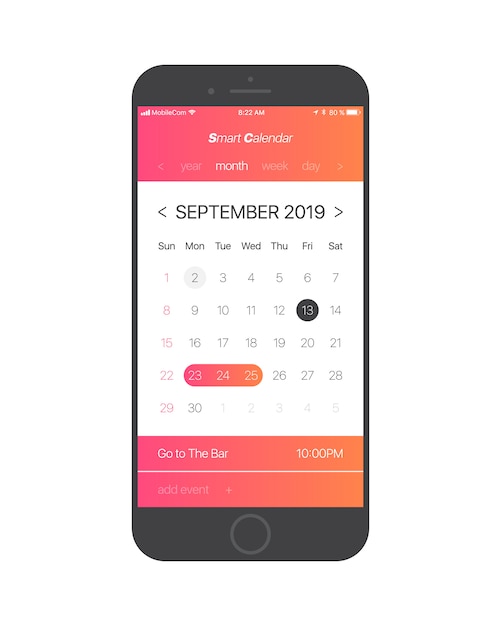 Kalender app ui concept september 2019 pagina Premium Vector