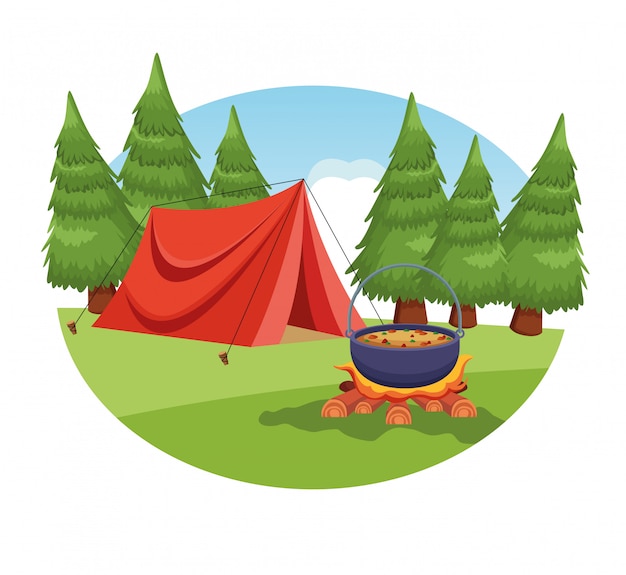 Kampeerelementen in een landelijk landschap Gratis Vector