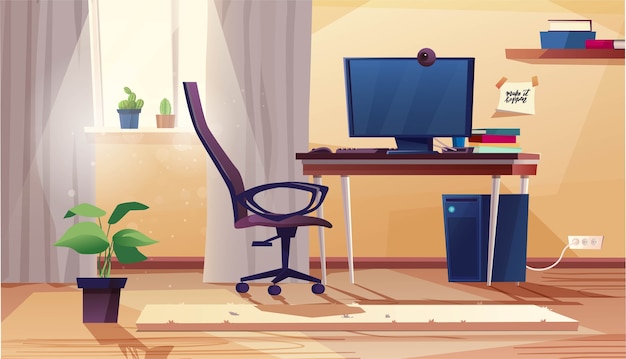 Kantoor n Huis Interieur In Cartoon Stijl Kamer Met Tafel Computer Stoel Planten In Potten Raam Premium Vector