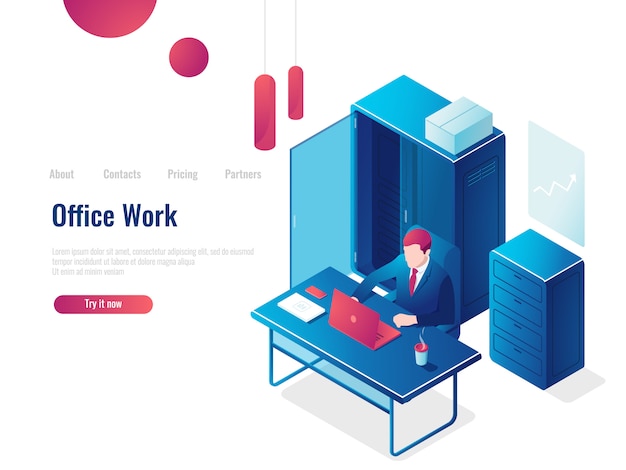 Kantoorwerk, een man werkt op een computer, interieur, bedrijfsanalyses en statistieken Gratis Vector