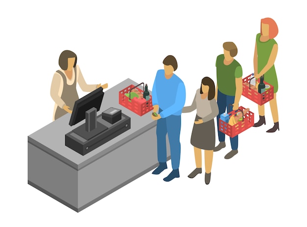 Kassier concept achtergrond. isometrische illustratie van kassier vectorconceptenachtergrond voor webontwerp Premium Vector