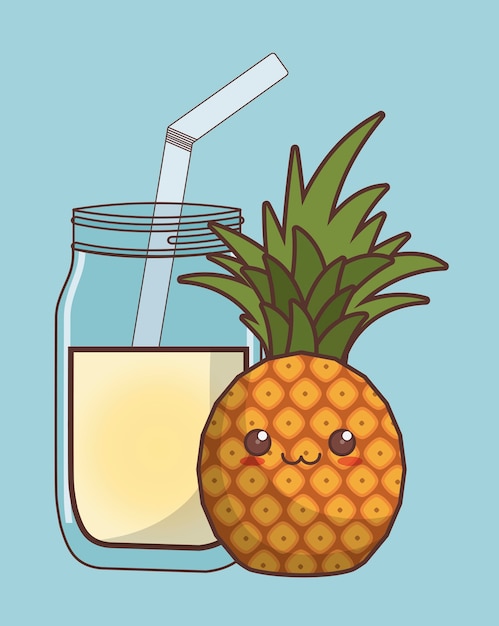 Kawaii ananas fruit en een glas sap | Premium Vector