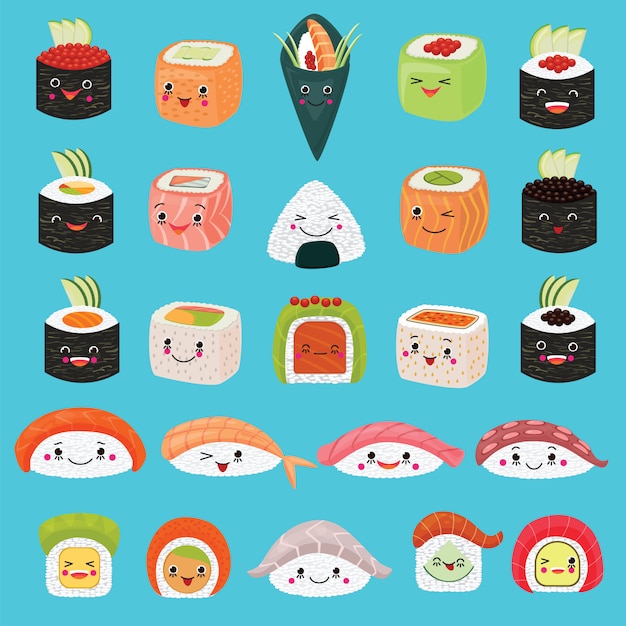 Kawaii Eten Vector Emoticon Japans Sushi Karakter Premium Vector