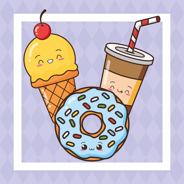 Kawaii Fastfood Schattig Eten Ijs Drinken Donut Illustratie Gratis