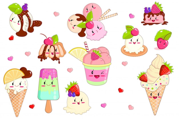 Kawaii-ijs in wafelkegels en zoete vruchten Premium Vector