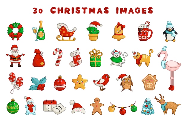 Kawaii kerstset nieuwjaar decoraties Premium Vector