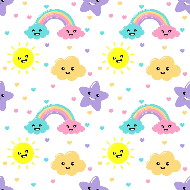 Kawaii pastel snijdt weer regenboog, wolken, zon en sterren cartoon met grappige gezichten naadloze patroon op witte achtergrond Premium Vector