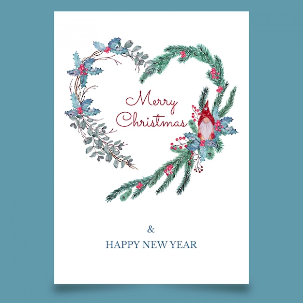 Kerst ansichtkaart in de vorm van hart met scandinavische elfs Premium Vector