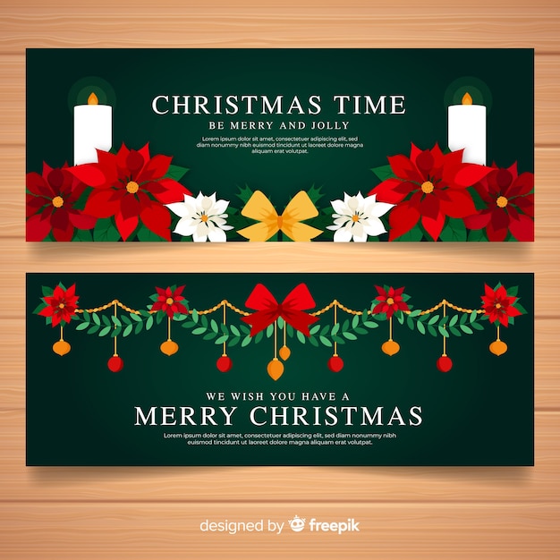 Kerst banner set met kaarsen, bloemen en linten Gratis Vector