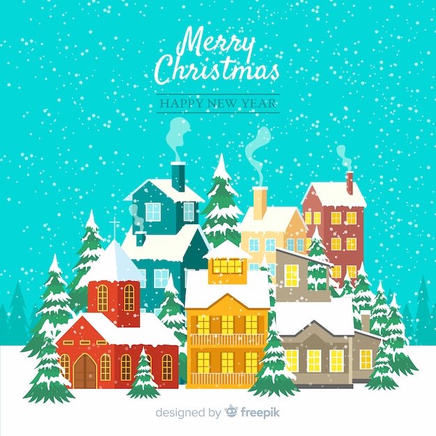 Kerst concept met platte design stad Gratis Vector