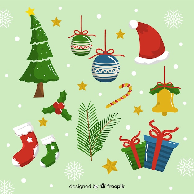 Kerst elementen collectie in hand getrokken stijl Gratis Vector