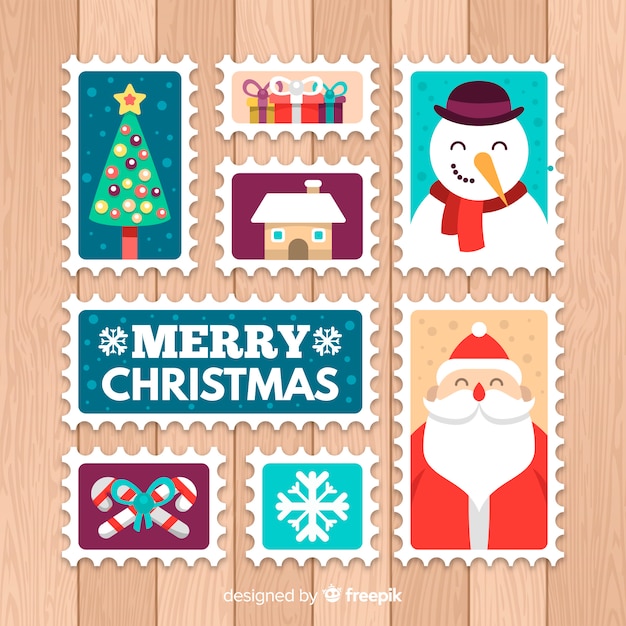 Kerst elementen postzegels collectie Gratis Vector