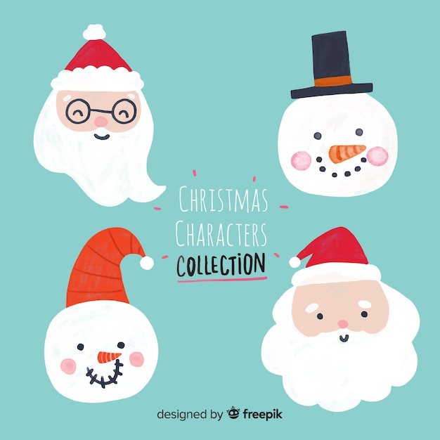 Kerst leuke kerstman en sneeuwman karakter gezichten collectie in platte ontwerp Gratis Vector