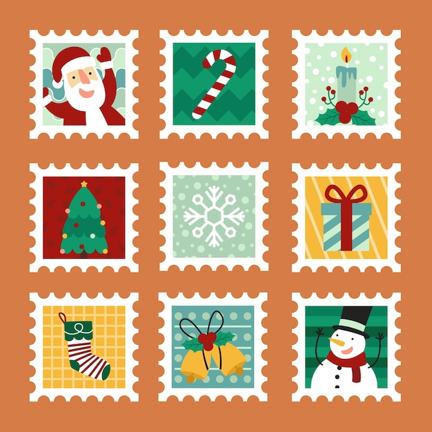 Kerst postzegels plat ontwerp Gratis Vector