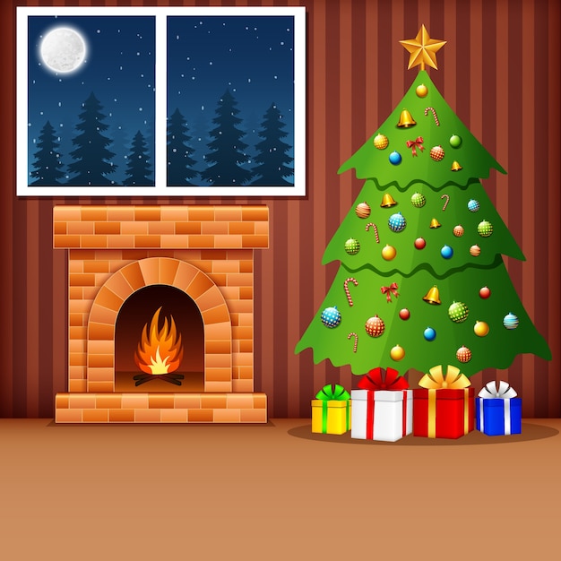 Kerst woonkamer Premium Vector