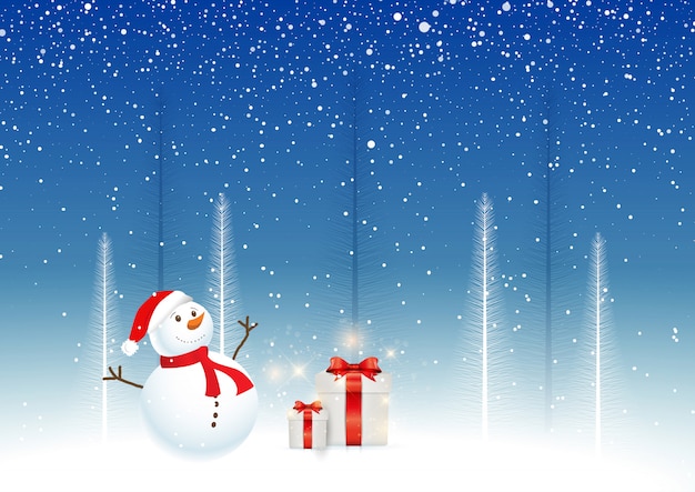 Kerstmisachtergrond met sneeuwman en giften Gratis Vector