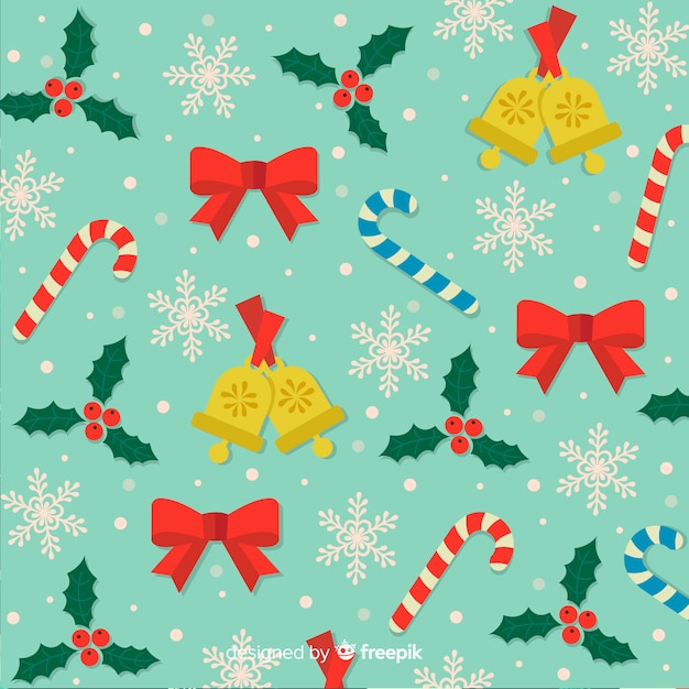 Kerstmisachtergrond met suikergoedlinten en klokken Gratis Vector