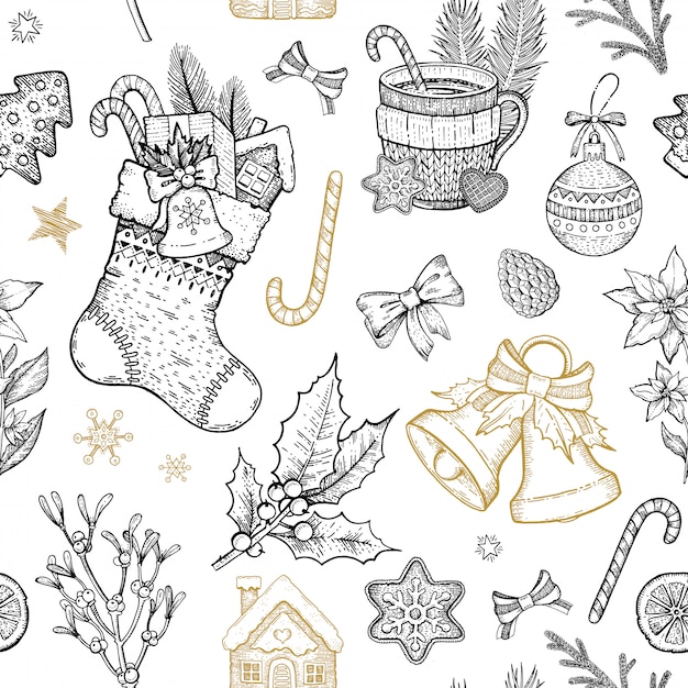Kerstmisobjecten naadloos patroon. hand getrokken schets vakantie achtergrond. Premium Vector