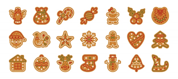 Kerstmispeperkoek, kerstmiskoekje, huis zoet voedsel bakken, gember koekje platte cartoon icon set. Premium Vector