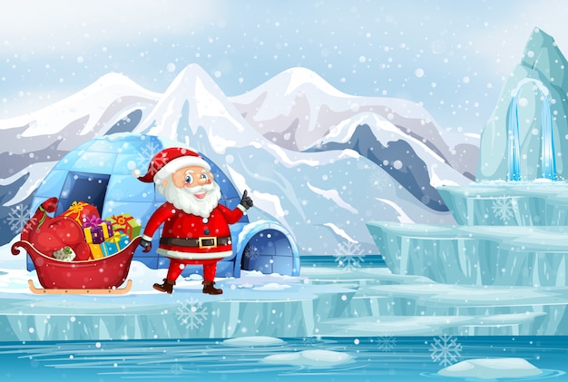 Kerstmisscène met santa in noordpool | Gratis Vector