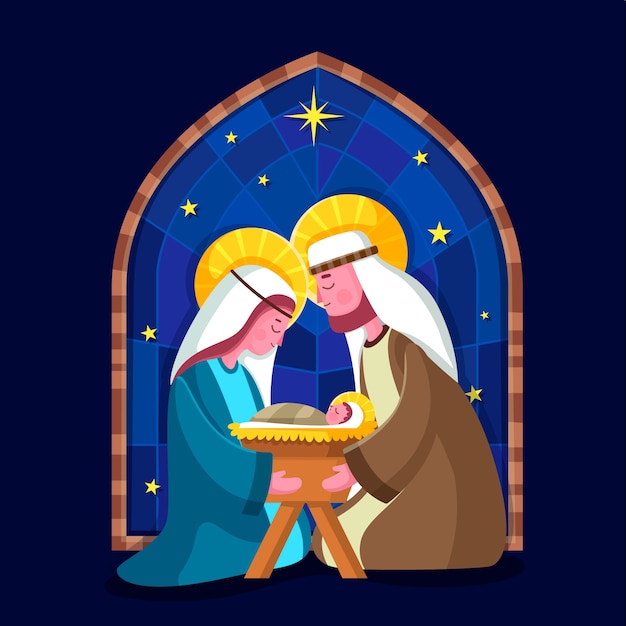 Kerststal in plat ontwerp Gratis Vector