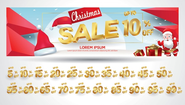 Kerstuitverkoop banner met kortingscode 10,20,30,40,50,60,70,80,90,99 procent Premium Vector