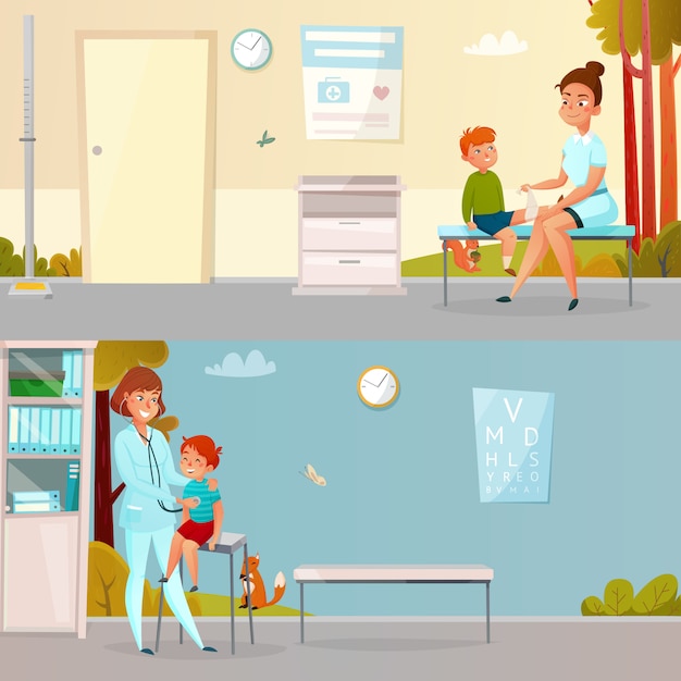 Kid bezoekt doctor cartoon banners Gratis Vector