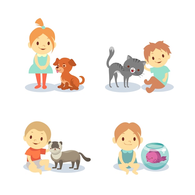 Kinderen en huisdieren geïsoleerd op een witte achtergrond - jongens en meisjes met dieren Premium Vector