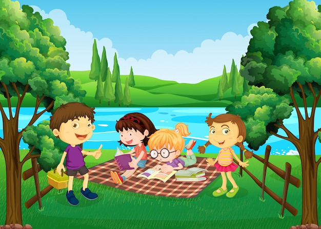 Spiksplinternieuw Kinderen met een picknick bij de rivier | Premium Vector UL-27