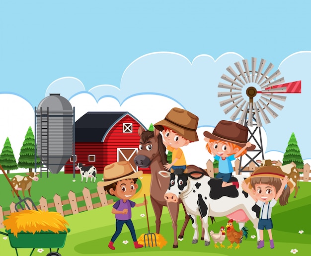 Kinderen op boerderijlandschap Premium Vector