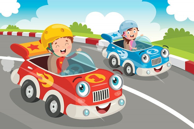 Kinderen racen met grappige auto's Premium Vector