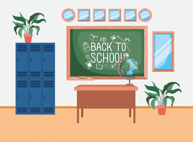 Klaslokaalschool met schoolbordscène Gratis Vector