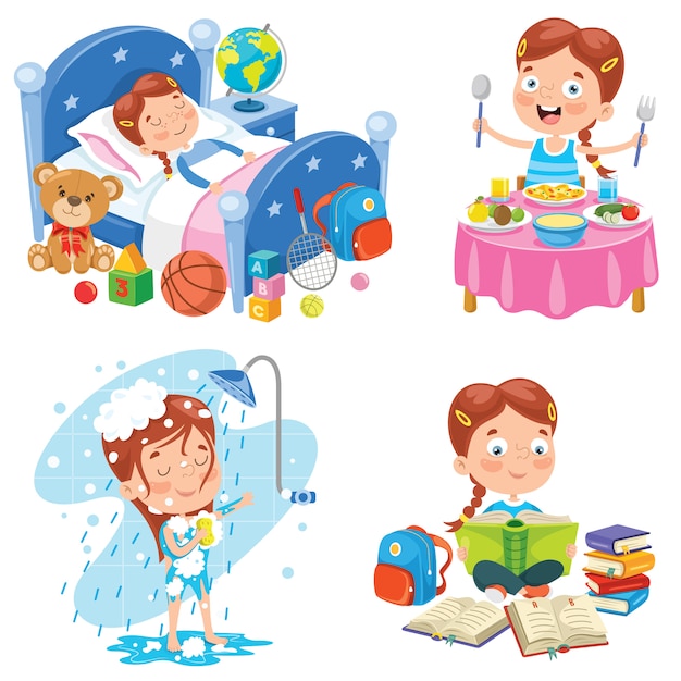Klein kind dagelijkse routine-activiteiten maken Premium Vector