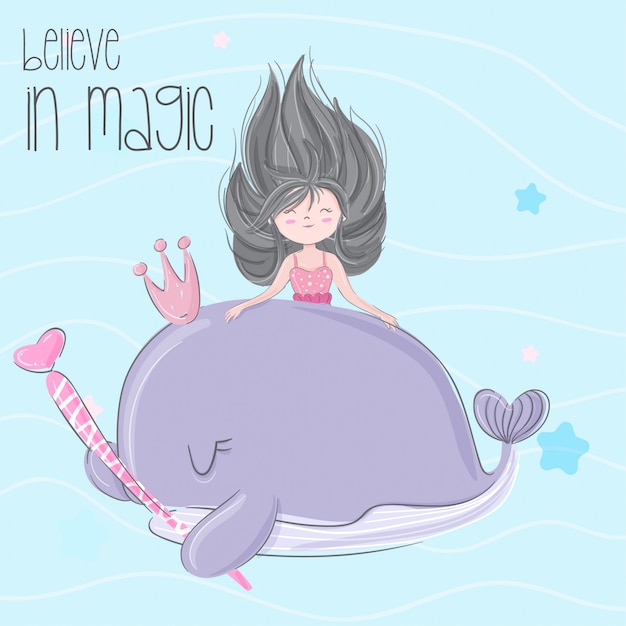 Kleine zeemeermin hand getekend illustratie-vector Premium Vector