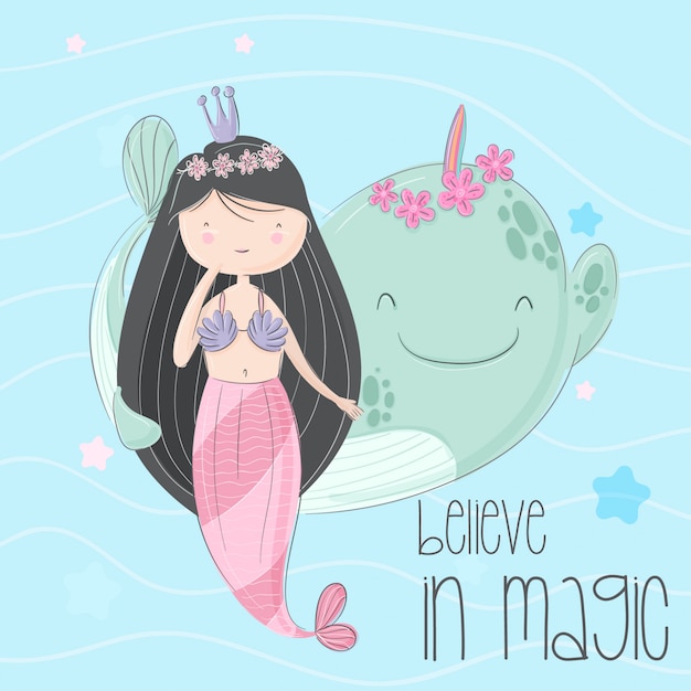 Kleine zeemeermin hand getekend illustratie-vector Premium Vector