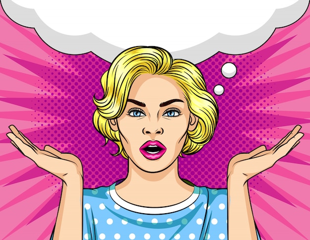 Kleur vector pop-art stijl illustratie. de mooie jonge vrouw haalt op. het meisje kan niet kiezen. Premium Vector